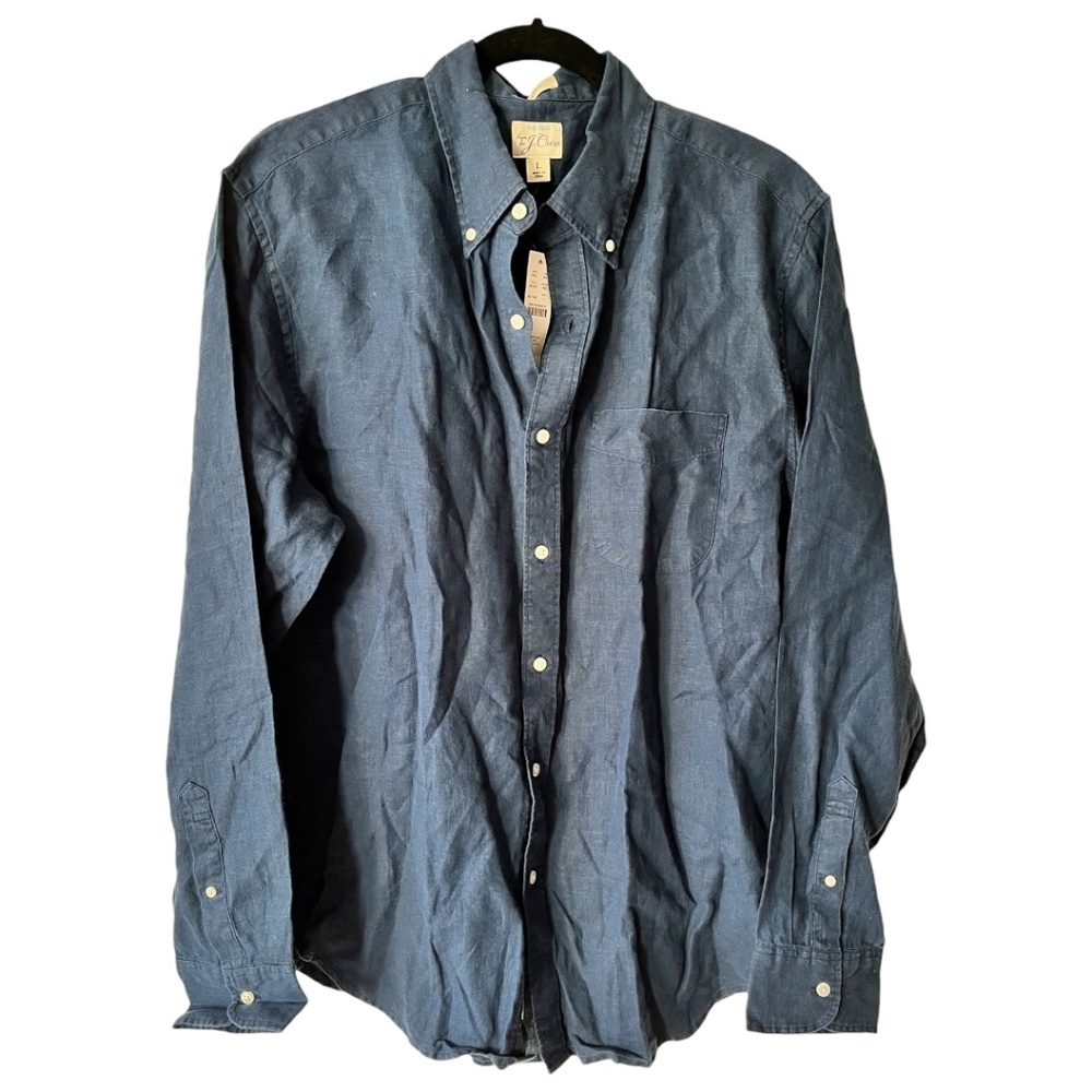 J Crew Irish Linen Blue Button Down Oversized Shirt Size Large
